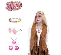 6 pièces Ensemble de tenue de fête style hippie rétro | Top à franges + Bandeau fleuri + Lunettes de mode personnalisées + Accessoire signe de paix | Thème Amour et Paix, Festival de musique, Vêtement