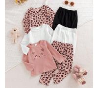 6 pièces Ensemble décontracté de printemps et d'automne pour bébé fille, simple, mignon, doux, Top imprimé léopard marron, Top rose/abricot assorti avec pantalon, 3 ensembles de combinaisons convenant