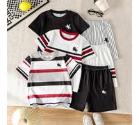 6 pièces Ensemble décontracté pour jeune garçon, style académie sportive de rue, mignon et cool, lettres tricolores, manches courtes + short, convient pour le port quotidien, l'école, les voyages, les