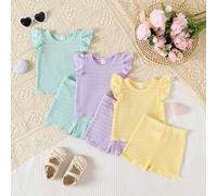 6 pièces Ensemble T-shirt à manches courtes en mousseline de soie + shorts décontractés pour bébé fille, tenue assortie mignonne et douce pour l'été 6-9M,9-12M,12-18M,18-24M,2-3Y,3-6MUnicoloreTricot c