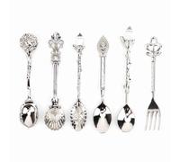 6 pièces/ensemble Vintage cuillère à café sculpté cuillère à café rétro en alliage de Zinc Dessert vaisselle à café cuillères couverts cuisine(argent)