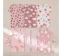 6 pièces Envoyé au hasard 2 pièces Barboteuses roses pour bébés filles, imprimé mignon de chat, fleur et rayures sur tout le vêtement, combinaison décontractée confortable et élastique, convient pour 