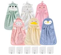 6 Pièces Essuie-Mains À Suspendre, Serviette De Toilette Enfant, Animaux Serviettes À Main Mignonnes, Serviette De Dessin Animé Suspendue Avec Boucles De Suspension Pour Cuisine Et Salle De Bain