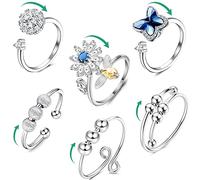 6 Pièces Fidget Anxiété Anneaux Réglables Tournants Ouverts Fidget Anneaux Bague Perlée pour Femme Anneau Géométrique Rond Perlé Abeille Fleur Anneau Pivotant pour Soulagement du Stress
