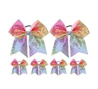 6 Pièces Grand Nœud Cheveux Pailleté Fait Main avec Élastique | Finition Brodée, Grosse Queue de Poisson, Maintien Stable, pour Uniformes de Cheer, Buns, Scène