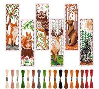 6 pièces Kit artisanal de marque-pages en point de croix avec thème d'animaux de la forêt - Comprend renard, écureuil, hibou, loup, ours brun. Comprend 6 tissus de point de croix imprimés, suffisammen