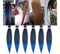 6 Pieces Mèches Pour Tresses Extension de Cheveux Pré-tressé Professionnel Itch Free EZ Braiding Hair Ombre 26 Pouces, Noir & Bleu