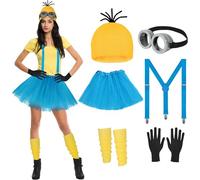 6 Pièces Minion Deguisement pour Femme, Jaune Cosplay Costume Accessoires Kit avec Bonnet Lunettes Goggles Gants Bretelles Jupe et Jambières pour Fête de Halloween Carnaval Cosplay