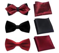 6 Pièces Nœud Papillon avec Pochette, 3 Styles de Noeud Papillon Homme avec Pochette, Noeud Papillon Rouge Noir Homme Ensemble Smoking Noeud Papillon Accessoire pour Mariage Fête Noël Halloween