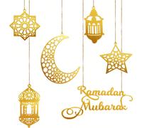 6 pièces Ornements de Ramadan, Décoration acrylique Ramadan Kareem Eid Mubarak Pendentif Vent Lumière Lune Étoile Forme Décoration de Ramadan à Suspendre aux Murs Fenêtres Arbres (Doré) Ensemble de 6