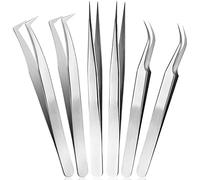 6 Pièces Pince à Épiler Extensions de Cils, Droite et Incurvée en Acier Inoxydable, Volume Individuel, Brucelles d'Isolement (Argent)
