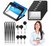 6 Pièces Porte-Badge Tour de Cou Badge Plastique Transparent Porte-Badge Rigide avec Cordon et Enrouleur pour Cartes Proximité, Crédit et Identité