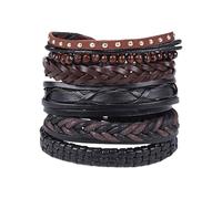 6 pièces Punk Bracelets en Cuir tressé, Bracelet en Cuir pour Homme, Manchette Wrap Bracelets Réglables, Bracelet Tressé Noir Punk Gothique Rock Manchette, Marron Multicouche Cordon Vintage (K)