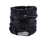 6 pièces Punk Bracelets en Cuir tressé, Bracelet en Cuir pour Homme, Manchette Wrap Bracelets Réglables, Bracelet Tressé Noir Punk Gothique Rock Manchette, Marron Multicouche Cordon Vintage (U)