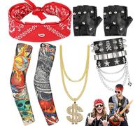 6 Pièces Punk Gothique Rocker Kit, Accessoires de Costume Rocker Disco, Avec Bandeau Rouge Vintage Gants Noirs en Cuir Punk Fausses Manches de Tatouage Soleil Lunettes, Pour Rocker Fête Des Années