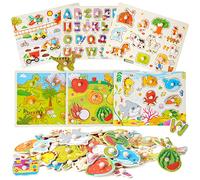 6 Pièces Puzzles en Bois Puzzle à Encastrement Jouet Éducatif Montessori Puzzle de Ferme,Véhicules de Trafic,Alphabet, Insectes, Animaux Marins, Dinosaures Cadeau pour Garçons Filles 1 2 3 4 Ans