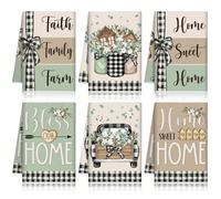 6 pièces, Serviettes de table en coton à carreaux SWEET HOME, Ensemble de torchons de cuisine à imprimé nœud et carreaux BLESS HOME, Chiffons à vaisselle en fibres super doux, 100% polyester lavable e