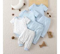 6 pièces/set Body et pantalon à rayures et motif étoiles, col rond, manches courtes, pour nouveau-né et bébé. Tissu tricoté confortable, convient pour le port quotidien et extérieur, 0-9 mois 6-9M,0-1