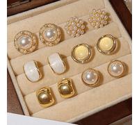 6 pièces Set boucles d'oreilles rétro à surface lisse de style hong-kongais avec perles rondes et charm œil de chat tendance, set de boucles d'oreilles clous pour femmes Alliage de zinc