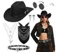 6 Pièces Set Costume de Cowboy Western pour Femme, Ensemble d'accessoires de Cowgirl avec Chapeau Ceinture à Paillettes Lunettes Collier Boucles d'Oreilles à Pompons Bandana pour Halloween Carnaval