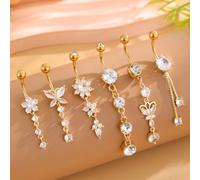 6 pièces Set de piercing de nombril en acier inoxydable plaqué or 18 carats 14G , Designs élégants de fleurs/papillons/étoiles avec des détails de franges pendants, convient pour un port quotidien, la