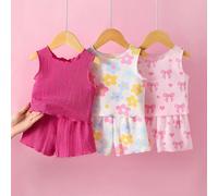 6 pièces/set Ensemble de Top à manches courtes et short pour bébé fille, nourrisson et tout-petit de 0 à 3 ans. Motif vague douce en tricot rose, tenue d'été mignonne assortie pour la famille. Parfait
