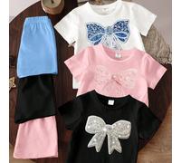 6 pièces/set Jeune fille Printemps & Été Mode décontractée Créative Personnalisée Fraîche Minimaliste Mignon Nœud Bleu/Rose/Blanc Décor Motif Imprimé T-Shirt & Short Tenues, Confortable pour un port q