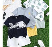 6 pièces/Set Jeune garçon Enfants Loisirs Versatile Mode Couleur Assortie Vacances Plante Tropicale Hawaï T-shirt à manches courtes et short coloré, Ensemble multicolore adapté pour le printemps et l'