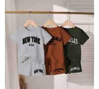 6 pièces/set Nouveau ensemble casual pour tout-petits garçons avec t-shirt à manches courtes col rond imprimé lettres New York et short, gris*1, marron*1, vert armée*1 6Y,7Y,4Y,5YLettresPolyester,Tiss