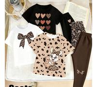 6 pièces/set Printemps Été Automne Mode Filles Créative Mignonne Léopard Cœur Papillon Kawaii Lapin & Ours Imprimé Graphique Style Décontracté Vacances Basique T-Shirt Court & Leggings Ensembles 8Y,9Y