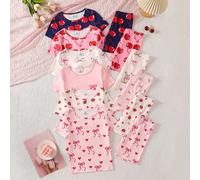 6 pièces/set Pyjama ajusté pour préadolescentes Manches courtes et shorts, style doux et élégant avec imprimés de cerises, fraises, cœurs, ours, nœuds. Populaire parmi les jolies filles pour la détent