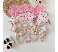 6 pièces/Set Pyjama décontracté en tricot pour bébé fille avec imprimé ours mignon et floral, avec volants, col rond, manches courtes et pantalon 6-9M,9-12M,12-18M,18-24M,2-3Y,3-6MGéométrique,Fruits &