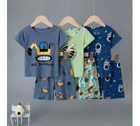 6 pièces/Set Pyjamas court à manches courtes pour enfants avec motif de dinosaure de couleur contrastée et shorts, vêtements d'intérieur d'été légers en coton pour les tout-petits garçons 6Y,7Y,4Y,5Y,