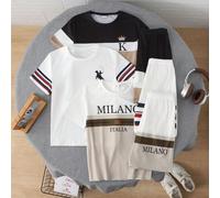 6 pièces/set T-shirt à col rond à manches courtes avec imprimé rayé, chevalier, lettre et short à poche pour garçon préadolescent 7Y,8Y,9Y,10Y,11Y,12Y,13YRayéPolyester