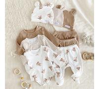 6 pièces/Set Tenue de bébé nouveau-né, Ours de dessin animé mignon et imprimé rayé, Comprend body, combishort, pantalon et chapeau, Ensemble de vêtements pour bébé 6-9M,0-1M,1-3M,3-6MAnimal,RayéPolyes