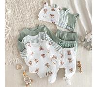 6 pièces/Set Tenue de bébé nouveau-né, Ours de dessin animé mignon et imprimé rayé, Comprend body, combishort, pantalon et chapeau, Ensemble de vêtements pour bébé 6-9M,0-1M,1-3M,3-6MAnimalPolyester,T