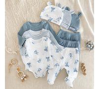 6 pièces/Set Tenue de bébé nouveau-né, Ours de dessin animé mignon et imprimé rayé, Comprend body, combi-short, pantalon et chapeau, Ensemble de vêtements pour bébé 6-9M,0-1M,1-3M,3-6MAnimal,RayéPolye