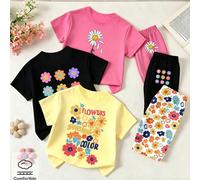 6 pièces/set Tenue décontractée et à la mode pour jeunes filles, comprenant un t-shirt court imprimé de lettres, de fleurs et de marguerites, ainsi que des shorts de vélo. Styles confortables et cosy 