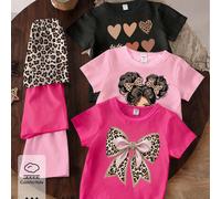6 pièces/set Tenues décontractées de mode créative et personnalité fraîche pour filles en été et printemps. Imprimés minimalistes léopard, floral, cœur, bandes dessinées et lettres sur t-shirt ample e