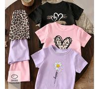 6 pièces/set Tenues d'été décontractées et à la mode pour filles, comprenant des t-shirts courts et des shorts avec imprimés léopard, rayures brillantes, cœurs, marguerites et lettres. Couleurs : viol