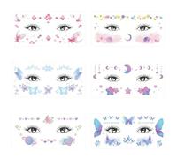 6 Pièces Tattoos Faciaux Enchantés, Motifs Papillon Ciel Stellaire Cœur Paillettes, Transfert Aquatique Sûr pour Halloween Noël Fête
