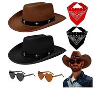 6 Pièces Western Cowboy Déguisement, Accessoires pour Chapeau de Cowboy Kit Déguisement de Cowboy avec 2 Chapeau Cowboy 2 Lunettes de Soleil 2 Bandanas pour Adultes Halloween Carnaval Fêtes
