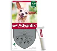 6 pipettes de 2,5 ml d’Advantix® Spot-on, antiparasitaire pour chiens de 10 kg à 25 kg. Élimine les tiques, les puces, les poux et les larves de puces. Protège contre les moustiques, les phlébotomes