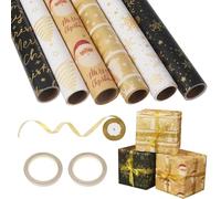 6 Rollen papier d'emballage cadeau,43cm x 3m Kraft Rouleau, Ruban doré à oignonsx1 Pour Papier Cadeau Noel,Anniversaire, Fêtes, Mariage et Bébé