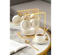 6 sets/1 set de 90 ml/3,oz Set de service à thé en céramique de luxe avec bordure dorée (sans le cadre en fer montré sur l'image), tasse à café et soucoupe, lavable au lave-vaisselle. Idéal pour la cu