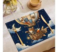 6 Sets de Table Animaux des Contes de fées guérisseurs en Lin,45x30CM Sets de Table rectangulaires à Montgolfière Fox,Napperon antidérapants lavables,Napperon de Printemps Chaleur pour Décor de fête