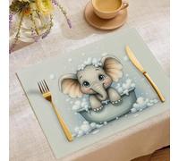 6 Sets de Table en LinUn Éléphanteau Au Style Cartoon Et Enfantin,30 x 45 cm Set de Table Lavable,Qui Prend Son Bain,à la Cuisine, au Salon, à la Salle à Manger