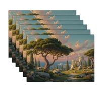 6 Sets de Table Lin Vert Rose, Pin Ancien Temple, Paysage Illustration Lavable Imperméables Sets de Tables pour Table de Salle à Manger Cuisine, 30x45cm