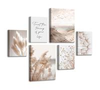 6 Sets of Beige Roseaux Fleurs Tableau Decoration Murale Encadre, Coucher de soleil Paysage Marin Impression sur toile Beige Piante Canne Tableau Peinture Posters Déco Mural pour Salon Chambre Cuisine