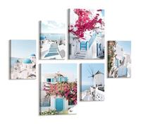 6 Sets of Moderne Grec Île Paysage Urbain Tableau Decoration Murale Encadre, Bleu Santorin Mer Égée Impression Sur Toile Clocher Fleurs Affiche Tableau Peinture Déco Mural pour Salon Chambre Cuisine